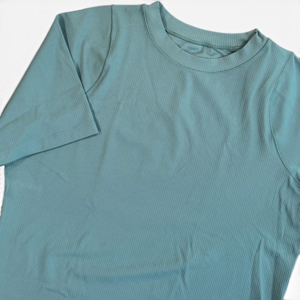 NIKE Dri-FIT Zenvy Rib Short Sleeve Top Womens L Blue Stretch Fitted Athletic